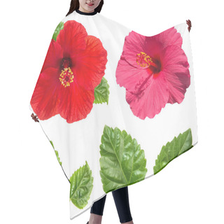 Personality  Hibiscus Flower Head And Green Leaves Isolated On White Background. Red Pink Blossom Hair Cutting Cape