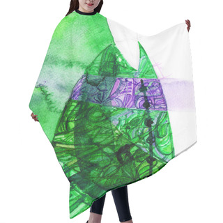 Personality  Abstract Illustration. Different Shapes Filled With Details And Watercolor Blur. Different Shades Of Green, Purple, White. Oval Filled With Decorative Details. White Stripes And Fills Around. Hair Cutting Cape