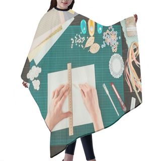 Personality  Cropped Image Of Woman Measuring Space For Postcard With Ruler Hair Cutting Cape