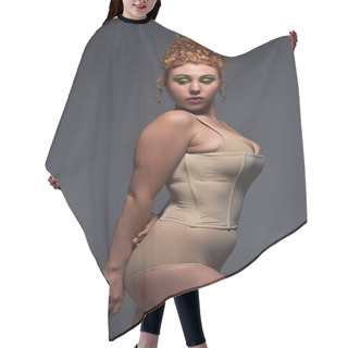 Personality  Non-traditional Beauty, Redhead Plus Size Woman In Beige Underwear On Dark Grey Backdrop Hair Cutting Cape