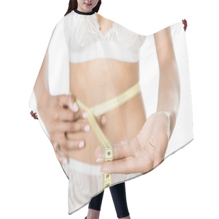 Personality  Woman Measuring Waistline With Measuring Tape Hair Cutting Cape