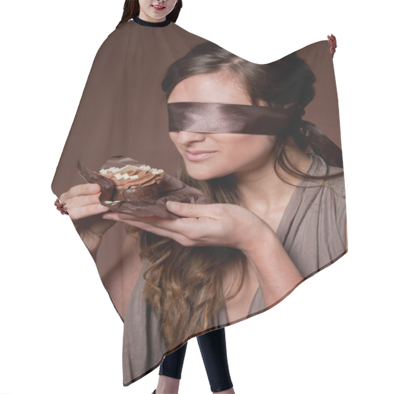 Personality  Blindfolded Woman Holding Cake Hair Cutting Cape