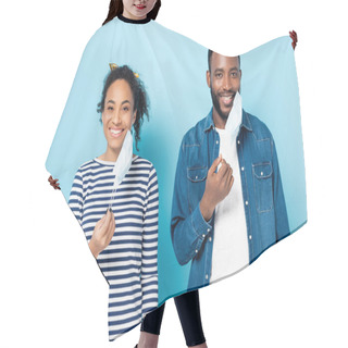 Personality  Happy African American Couple Taking Off Medical Masks On Blue Hair Cutting Cape