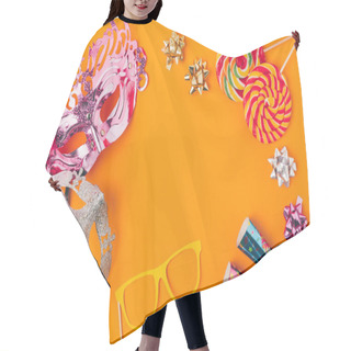 Personality  Flat Lay With Lollipops And Party Objects Isolated On Orange, Purim Holiday Concept Hair Cutting Cape