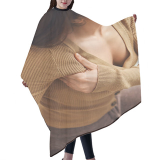 Personality  High Angle View Of Young Brunette Woman In Brown Jumper Massaging Lymphatic Nodes On Armpit During Drainage At Home, Self-care Ritual And Holistic Healing Concept, Balancing Energy Hair Cutting Cape