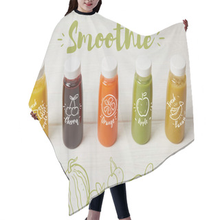 Personality  Fresh Organic Smoothies In Bottles Standing In Row On White, Smoothie Inscription Hair Cutting Cape