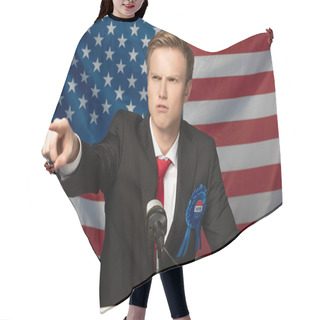 Personality  Angry Man Pointing With Finger On Tribune On American Flag Background Hair Cutting Cape