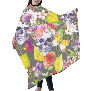 Personality  Human Skulls, Flowers, Autumn Leaves. Seamless Pattern. Watercolor Hair Cutting Cape