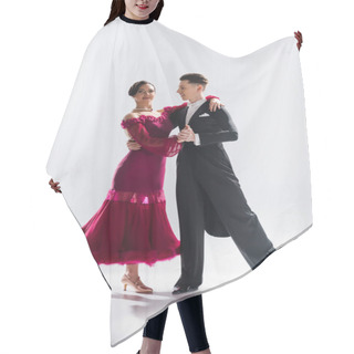 Personality  Elegant Young Couple Of Ballroom Dancers In Red Dress In Suit Dancing On White Hair Cutting Cape