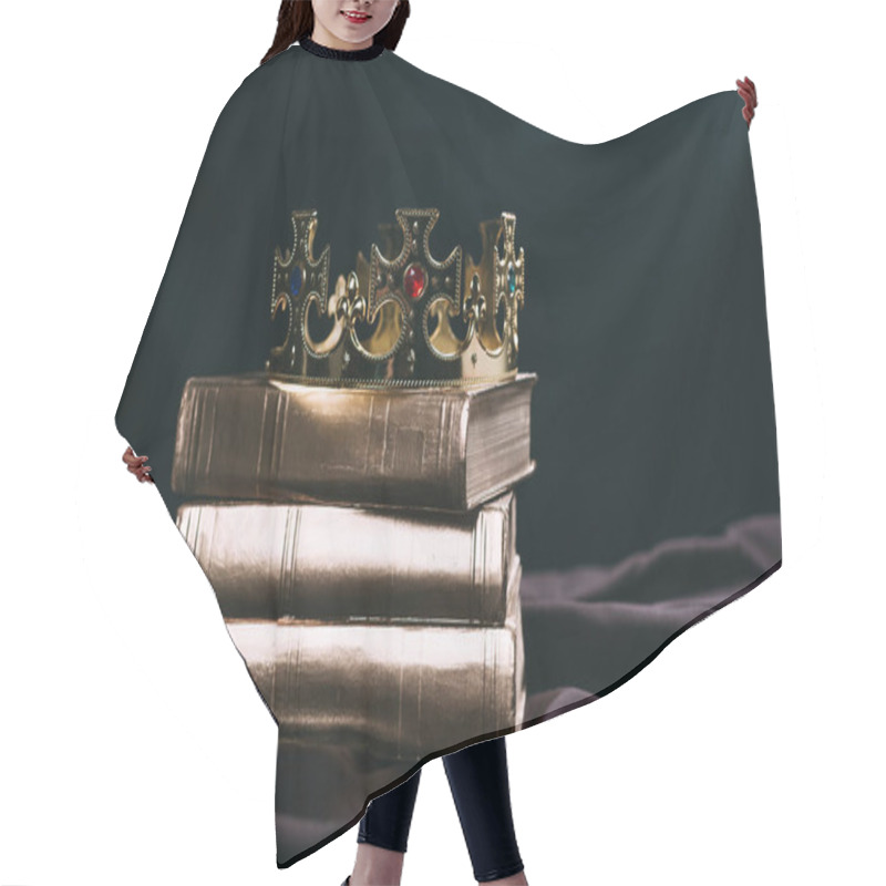 Personality  ancient golden crown with gemstones on books on black cloth hair cutting cape