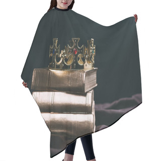 Personality  Ancient Golden Crown With Gemstones On Books On Black Cloth Hair Cutting Cape