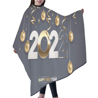 Personality  Happy New Year 2022. White Paper And Golden Numbers With Christmas Decoration And Confetti On Dark Blue Background. Holiday Greeting Card Design. Hair Cutting Cape