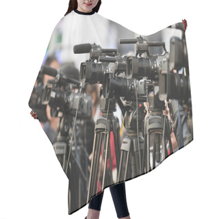 Personality  Row Of TV Cameras At Public Event Hair Cutting Cape