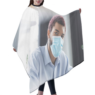 Personality  African American Businessman In Medical Mask Looking At Camera In Office  Hair Cutting Cape