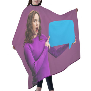 Personality  Shocked Woman Holding Speech Bubble On Purple Background Hair Cutting Cape
