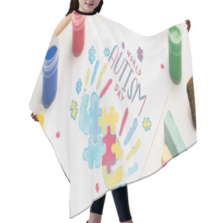 Personality  Panoramic Shot Of Card With World Autism Day Lettering And Painting Of Puzzle And Hand Prints On White With Paint Brushes, Chalks And Paints Hair Cutting Cape