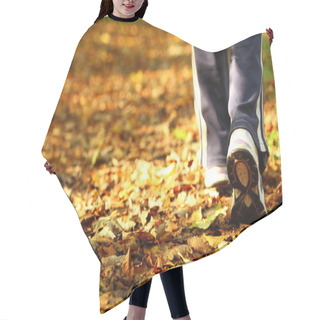 Personality  Woman Walking Cross Country Trail In Autumn Forest Hair Cutting Cape