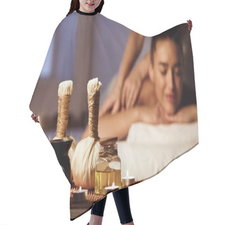 Personality  Woman Relaxing In Spa Salon With Herbal Bags On Wooden Tray Hair Cutting Cape