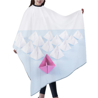 Personality  One Unique Pink Paper Boat Among Many Ones. Different Paper Ships As Individuality And Leadership Concept Hair Cutting Cape