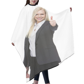 Personality  Smiling Blonde Businesswoman Thumb Up With One Hand Hair Cutting Cape