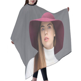 Personality  Beauty Posing In Burgundy Felt Hat, Isolated On Grey Hair Cutting Cape