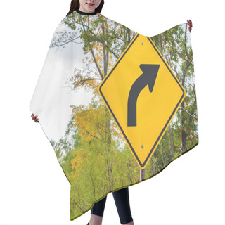 Personality  Yellow Traffic Sign Warning Agaist A Dangerous Curve Ahead On A Cloudy Autumn Day. Hair Cutting Cape