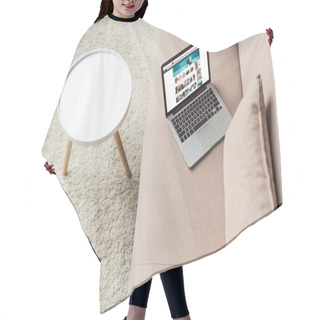 Personality  High Angle View Of Laptop Standing On Cozy Couch With Amazon Website On Screen Hair Cutting Cape