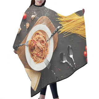 Personality  Top View Of Tasty Bolognese Pasta In White Plate Near Ingredients And Cutlery On Black Wooden Background Hair Cutting Cape