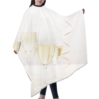 Personality  Closeup View Of Champagne Glasses With Ribbon On White Wooden Table, Holiday Concept  Hair Cutting Cape