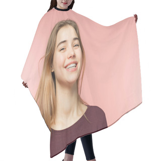 Personality  Woman Smiling With Perfect Smile And White Teeth On The Pink Studio Background And Looking At Camera Hair Cutting Cape
