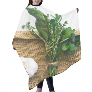 Personality  Bouquet Garni With Bay Leaves And Fresh Herbs De Provence On Rustic Towel On White Background With Garlic Clove Hair Cutting Cape