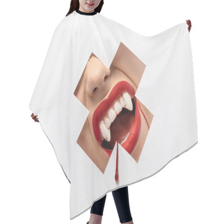 Personality  Cropped Shot Of Woman Showing Vampire Teeth Through Cross Shaped Hole On White  Hair Cutting Cape