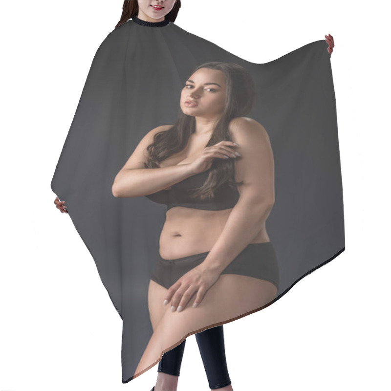 Personality  Plus Size Girl In Underwear Covering Body With Hands On Black Background Hair Cutting Cape