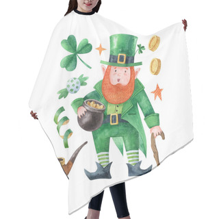 Personality  Set With Leprechaun, Coins, Candy, Shamrock, Stars And Candy. Happy Saint Patrick's Day. Funny Cartoon Character In Green Costume. Watercolor Illustration Isolated On White Background. Hair Cutting Cape