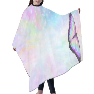Personality  Feminine Multicoloured Butterfly  Message Banner -  A Beautiful Unique Colourful Butterfly Floating Off To The Right Against A Wide Bokeh Pastel Coloured Background And Copy Space Hair Cutting Cape
