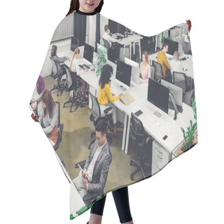 Personality  High Angle View Of Young Multiethnic Businesspeople Working In Open Space Office Hair Cutting Cape