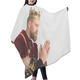 Personality  Side View Of King With Crown Praying Isolated On Grey  Hair Cutting Cape