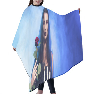 Personality  Panoramic Crop Of Woman In Black Veil Holding Rose And Burning Candles On Blue With Smoke, Halloween Concept Hair Cutting Cape