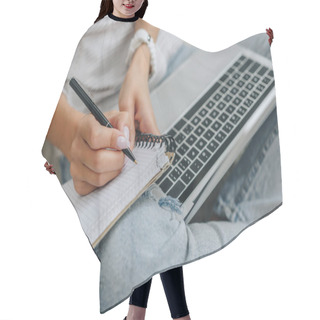 Personality  Cropped View Of Woman Writing In Notebook And Holding Laptop  Hair Cutting Cape