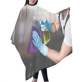 Personality  Cropped Shot Of Smiling Young Worker Cleaning Elevator With Rag And Detergent Hair Cutting Cape
