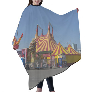 Personality  A Circus Tent With Red And Yellow Striped Domes. Russia, Krasnoyarsk July 2021. Hair Cutting Cape