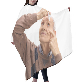 Personality  Mature Man Applying Eye Drops Hair Cutting Cape