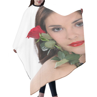 Personality  Brunette Holding Single Rose To Face Hair Cutting Cape