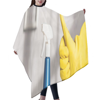 Personality  Cropped View Of Person In Rubber Glove Showing Like Gesture Near Detergent With Sprayer, Banner  Hair Cutting Cape