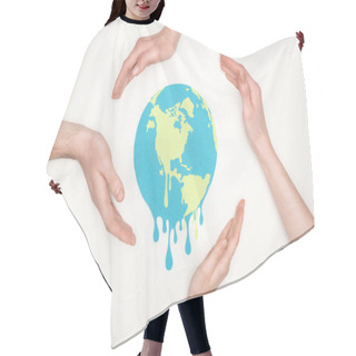 Personality  Partial View Of Male And Female Hands Around Paper Cut Melting Globe On White Background, Global Warming Concept Hair Cutting Cape
