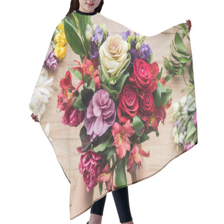 Personality  Partial View Of Florist Holding Bouquet Of Fresh Flowers On Wooden Surface Hair Cutting Cape