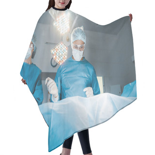 Personality  Nurse And Surgeon In Uniforms And Medical Masks Doing Operation  Hair Cutting Cape