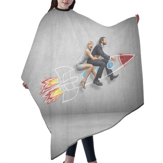 Personality  Businessman And Young Woman Flying With Rocket Hair Cutting Cape