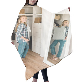 Personality  Young Smiling Woman Fitting Grey Tshirt In Front Of Mirror At Home Hair Cutting Cape