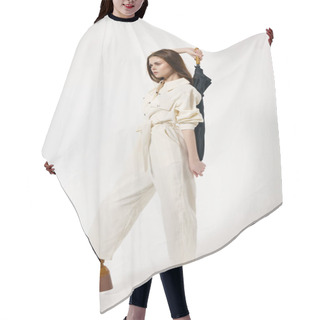 Personality  Woman In A White Jumpsuit Umbrella In Her Hands In Full Growth Hair Cutting Cape
